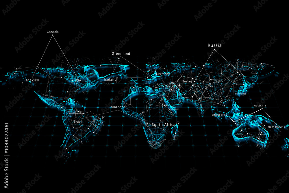 Aufkleber Big data and internet technologies concept with digital glowing world map contour on dark background. 3D rendering