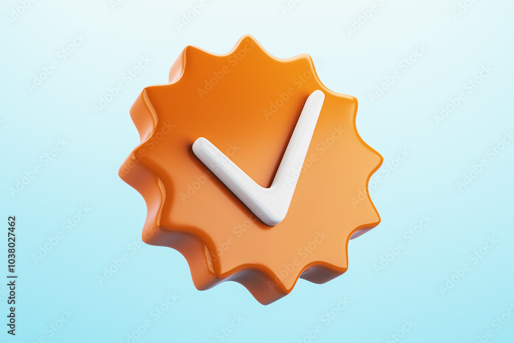 Poster orange badge with a white checkmark on light blue background. 3d rendering