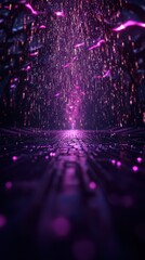 A vibrant, futuristic scene featuring purple rain cascading over a glimmering surface, creating an otherworldly atmosphere.