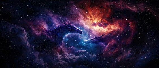 Fototapeta premium A stunning cosmic scene featuring vibrant colors and ethereal shapes resembling two celestial horses amidst a starry backdrop.