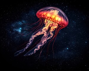 A vibrant jellyfish glides through a cosmic space backdrop, showcasing its glowing tentacles against a star-filled environment.