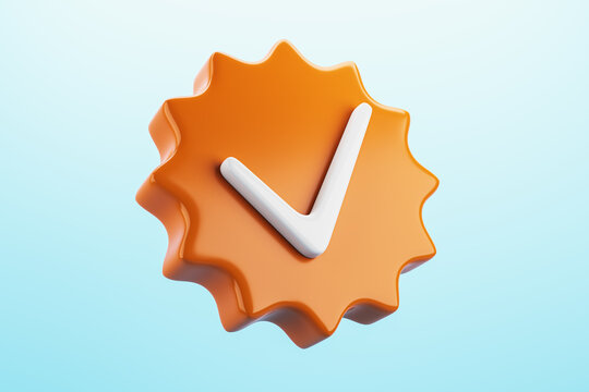 Orange badge with a white checkmark on light blue background. 3D Rendering
