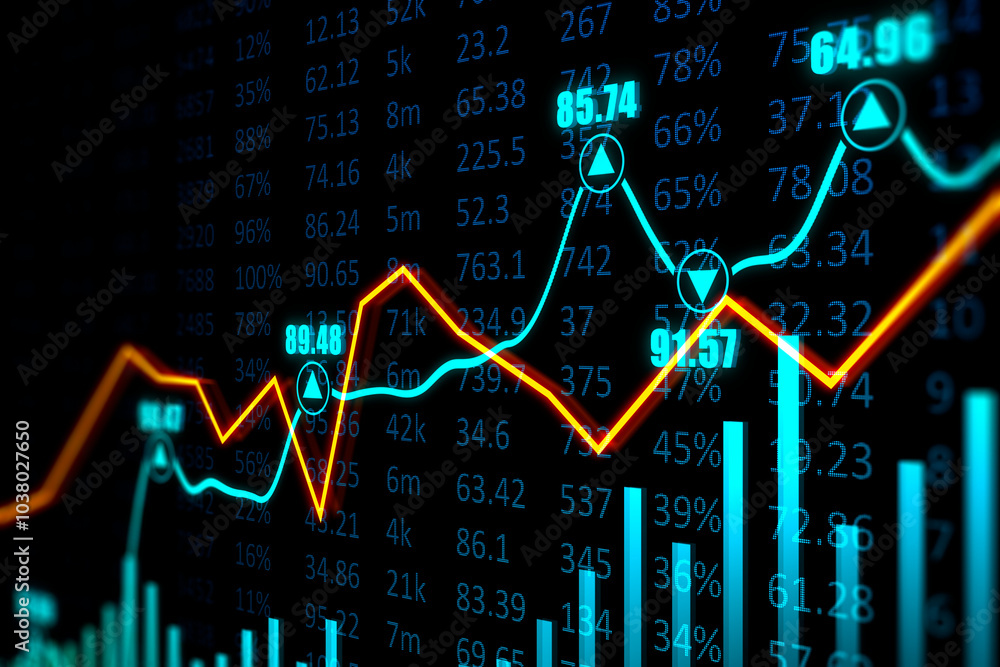 Poster Forex market exchange concept with perspective view on growing digital financial chart graphs and diagram on dark background with stock market indicators. 3D rendering