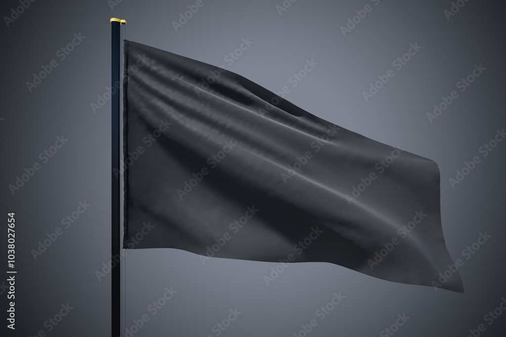 Poster blank black flag waving in the wind with copyspace for your logo or text isolated on dark grey backg