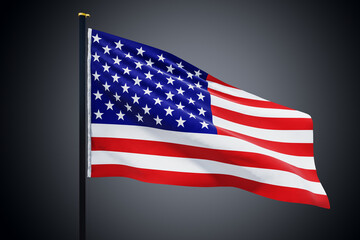 Fototapeta premium Flag of the United States of America country waving in the wind with copyspace for your logo or text isolated on dark grey background, USA concept. 3D rendering