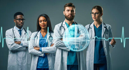 Diverse medical team with ecg visualization - healthcare professionals together