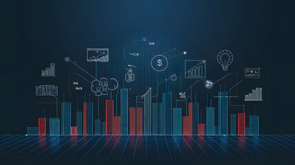 A futuristic city skyline made of bar charts and financial symbols, representing modern business infrastructure. ( Business Concept )