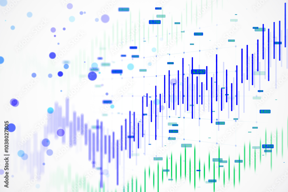 Poster Forex trading candlestick chart with data points on white background. 3D Rendering