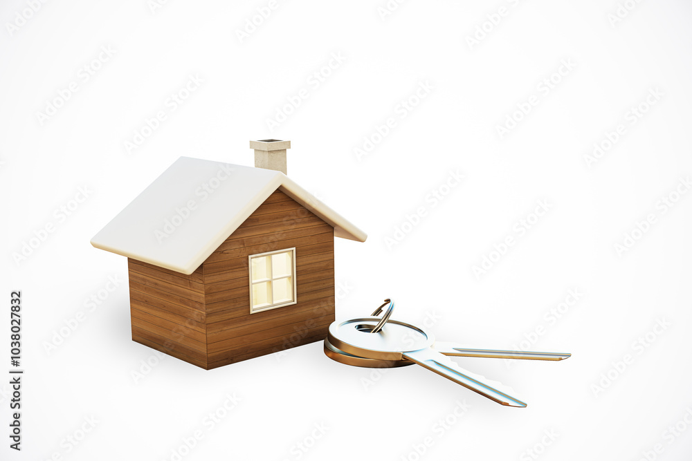 Poster wooden house model and keys on white background. 3d rendering
