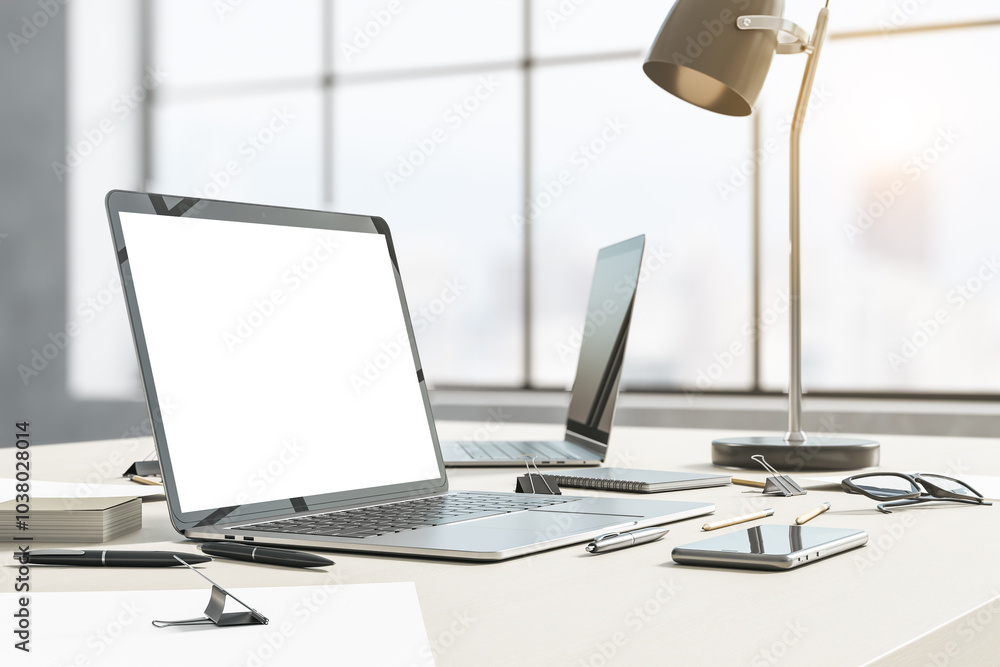 Poster perspective view on stylish sunny workplace with blank white modern laptop monitor, smartphone and o