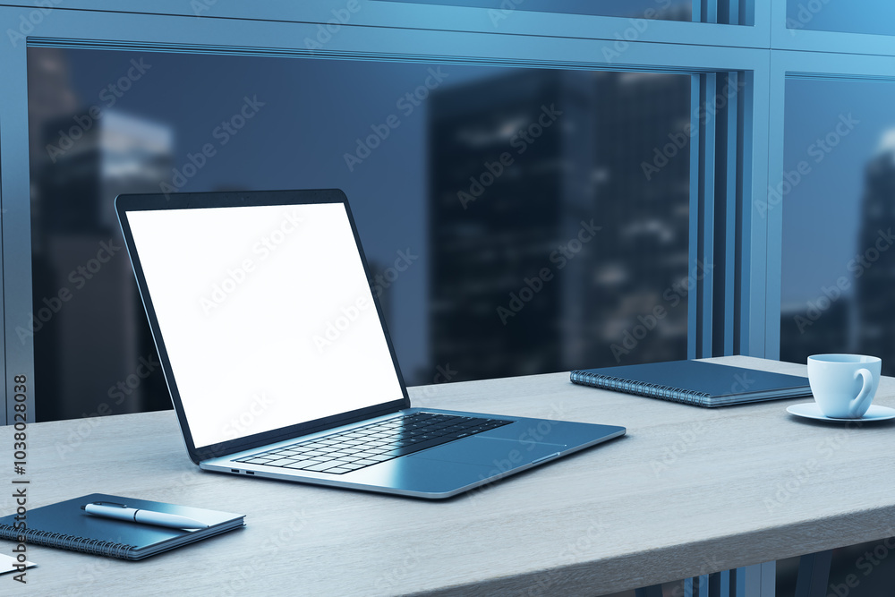 Aufkleber Perspective view on blank white illuminated laptop screen with empty place on light wooden table with notebooks and coffee cup on night city view from window background. 3D rendering, mockup