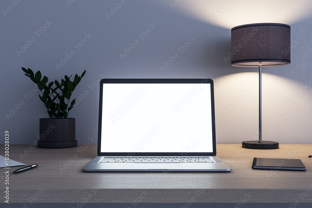Poster front view on blank white illuminated modern laptop screen with copyspace for your logo or text on w