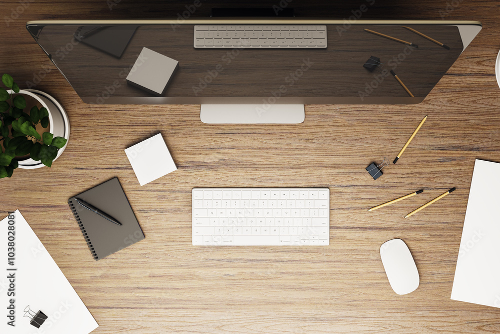 Poster top view on modern computer monitor on wooden table with white keyboard, office tools and green plan