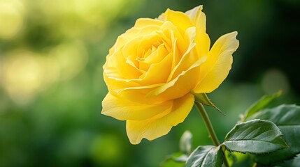 A vibrant yellow rose in full bloom against a blurred green background.