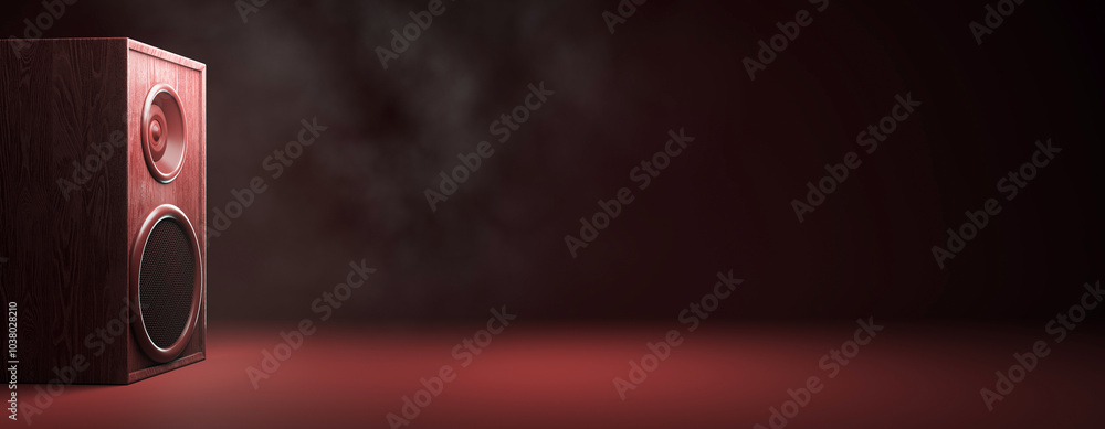 Poster Speaker on dark background with creative design concept. 3D Rendering