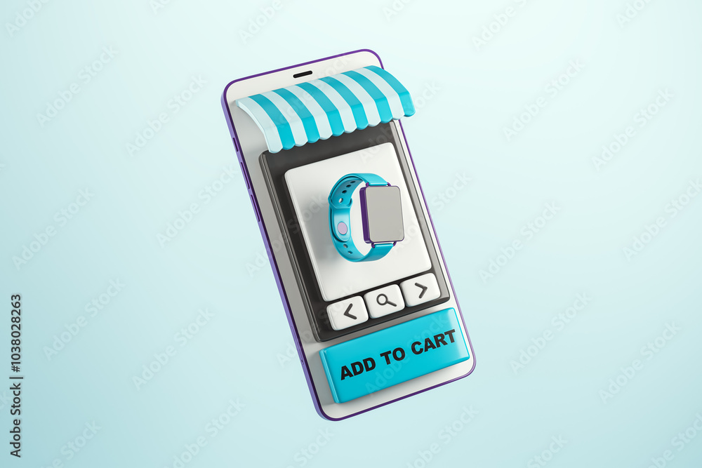 Poster Smartphone displaying online shopping interface with add to cart option. 3D Rendering