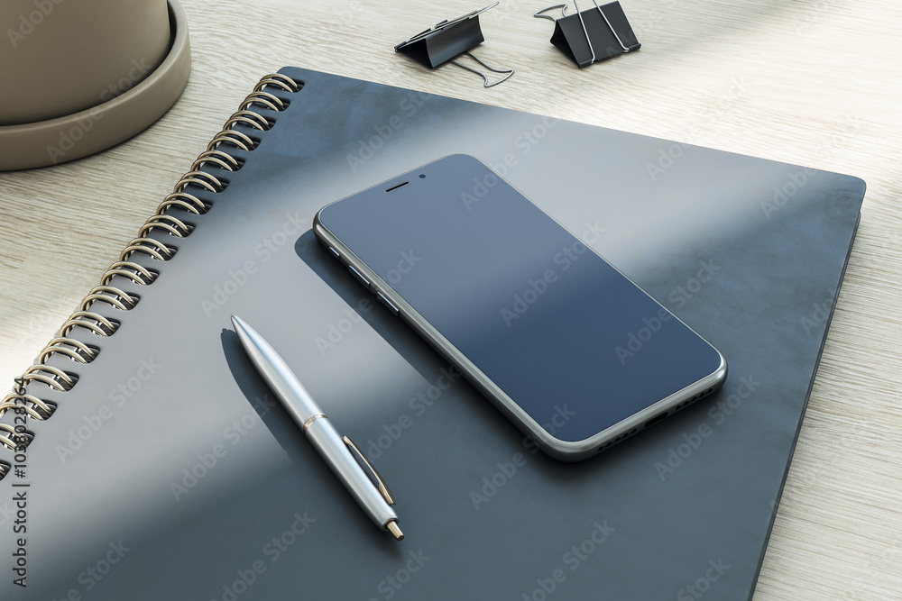 Poster Top side view on blank dark smartphone screen with copyspace for your text or logo on black cover notebook with pen on abstract wooden surface. 3D rendering, mock up