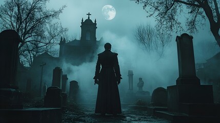 Cemetery scene at night, eerie and haunting atmosphere