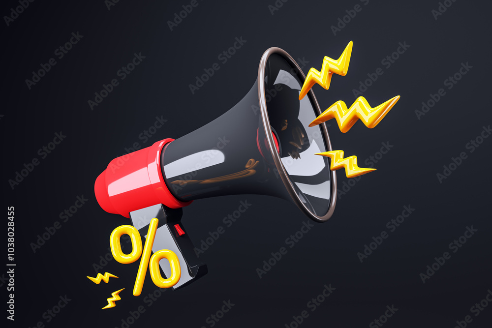 Poster Megaphone with Discount Symbol and Lightning Effects. 3D Rendering