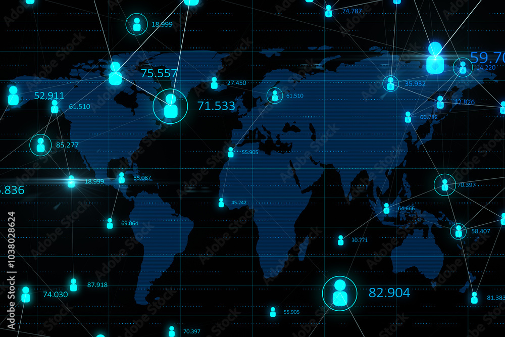 Aufkleber Global social network and stats data concept with bright blue digital user icons on dark world map background. 3D rendering