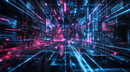 Abstract digital landscape with glowing lines and nodes representing data flow and connectivity.