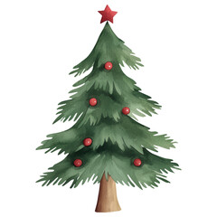 Fototapeta premium A festive Christmas tree adorned with red ornaments and a star, set against a transparent background, evoking holiday cheer.