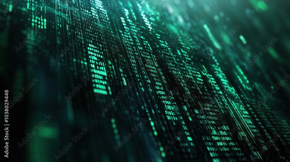 Poster digital data stream with green binary code, abstract technology background