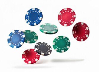 poker chips on white background, falling poker chips
