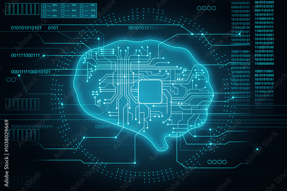 Poster Futuristic, artificial intelligence and information analysis concept with AI chipset surrounded by circuit in digital graphic brain on abstract dark technological background. 3D rendering