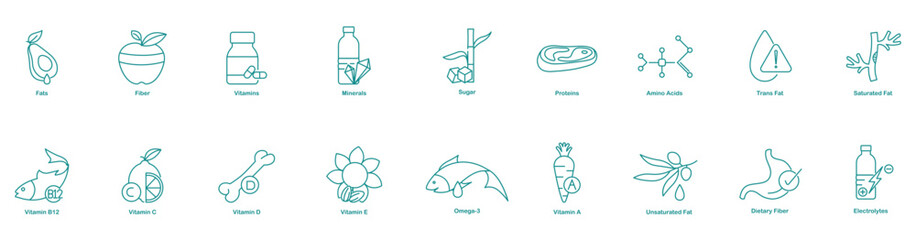 Fats, Fiber, Vitamins, Minerals, Sugar, Proteins, Amino Acids, Trans Fats, Saturated Fats, Vitamin B12, Vitamin C, D, E, Omega-3, Vitamin A, Unsaturated Fats, Dietary Fiber icons