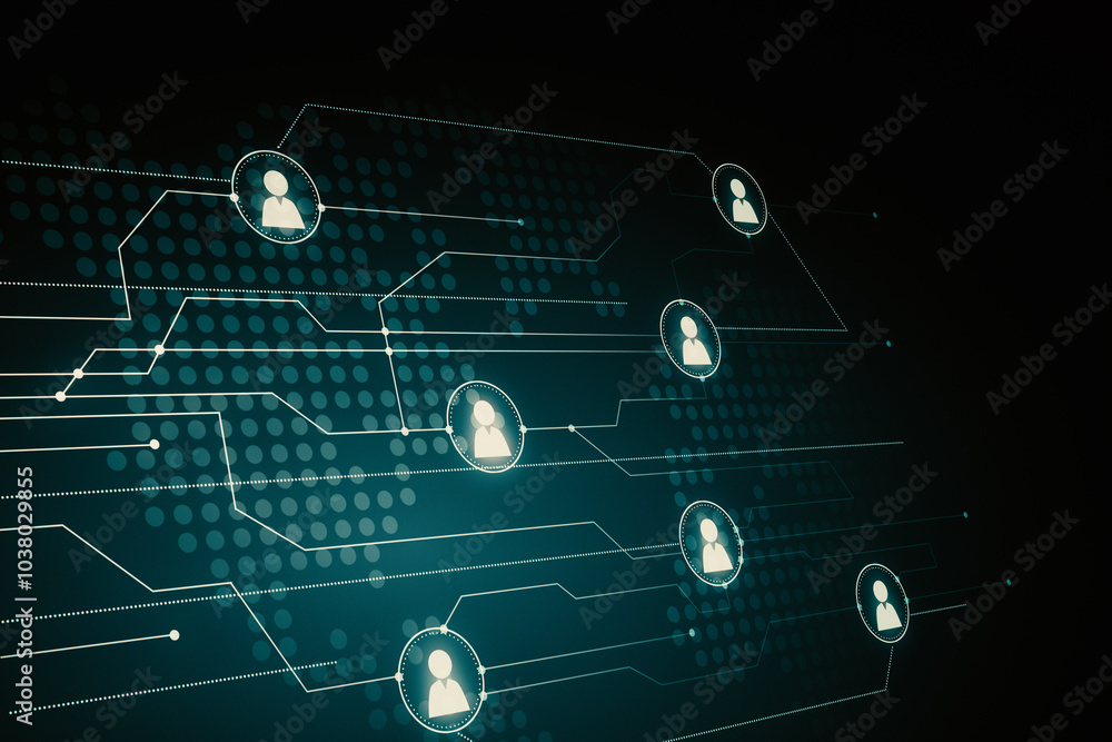 Fototapete People connection and social network concept with perspective view on white digital user symbols connected between each other on abstract green background with dots. 3D rendering