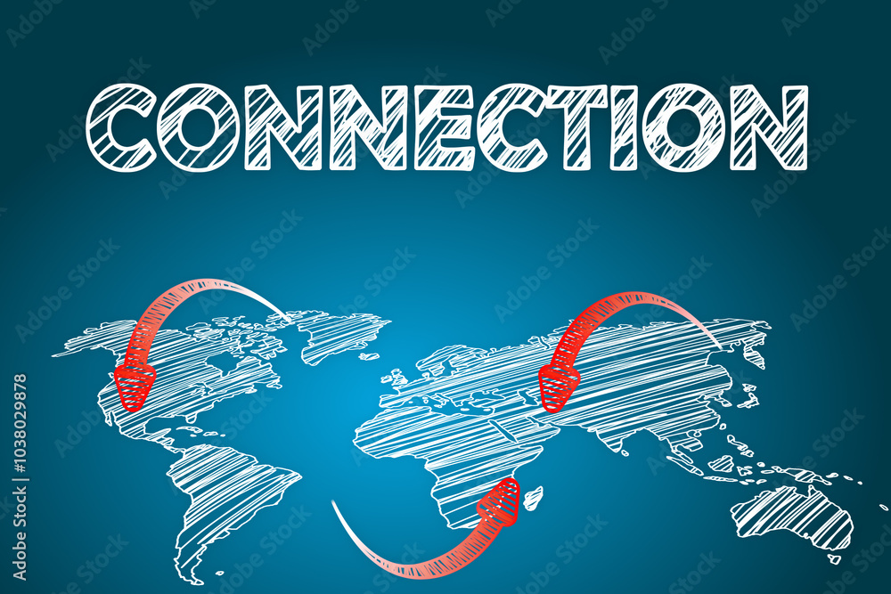 Aufkleber Worldwide connection concept freehand red arrows on world map sketch on abstract blue background. 3D rendering