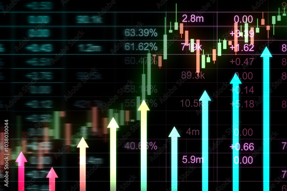 Poster Bullish market and investment concept with vertical digital arrows on dark trader screen background with growing candlestick and forex chart indicators. 3D rendering