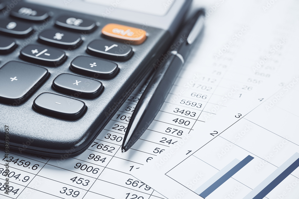 Poster Financial and analyzing statistics concept with pen and calculator on accounting reports with amounts and graphs on paper sheet. 3D rendering
