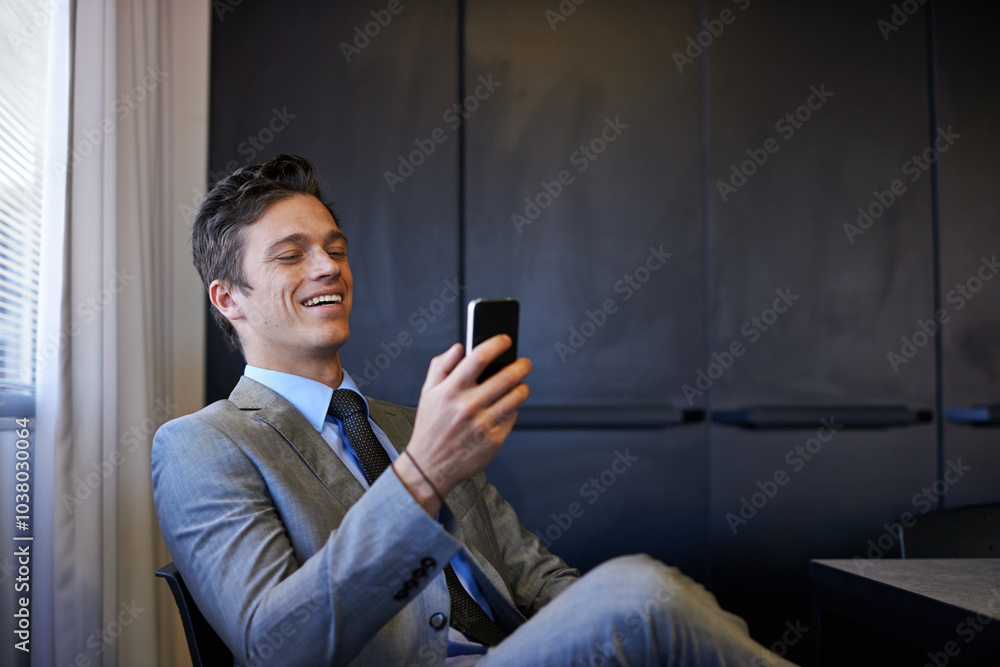 Poster business, man and happy with smartphone at office on internet, email notification or text message as