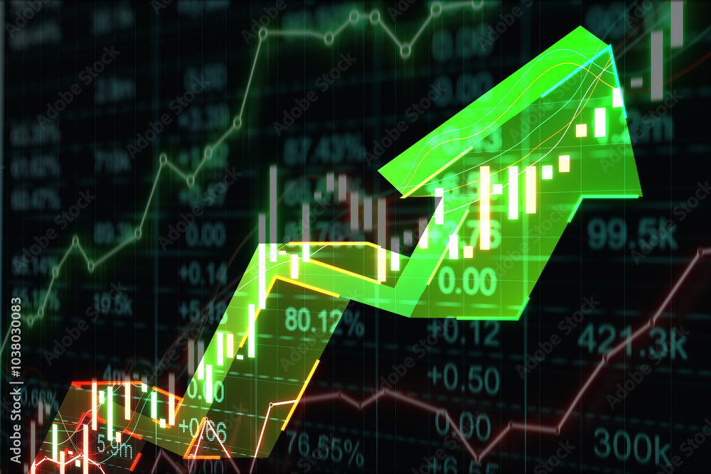 Poster Bullish market and investing concept with rising up digital green graphic arrow on dark technological background with forex market chart graphs and candlestick. 3D rendering