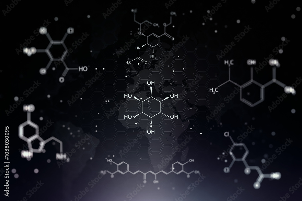 Aufkleber education and science concept with white chemical formulas molecules on dark background with blurred
