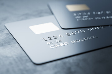 Bank concept with black priority credit cards on dark concrete surface, close up. 3D rendering