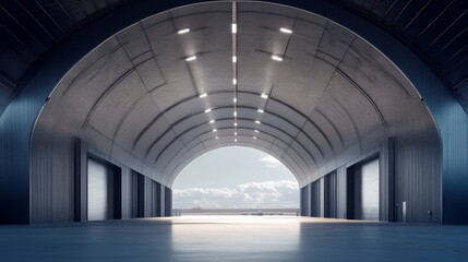 Grand Hangar Interior:  A majestic view of a spacious, arched hangar with large doors and bright lighting, offering a sense of scale and potential.