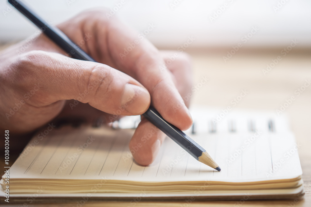 Aufkleber close-up depiction of a man's hand taking notes in a notepad, with a blurred background