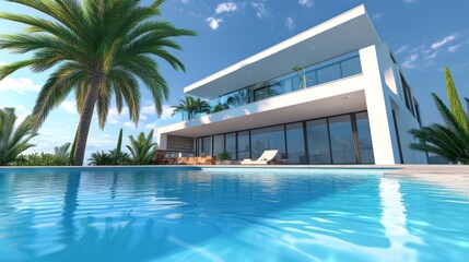 Fototapeta premium Modern villa with a pool surrounded by palm trees and clear blue skies.
