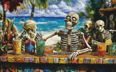 Obraz premium Skeleton Bartender at a Tropical Beach Bar. A skeleton with relaxed eyes, mixing cocktails at an outdoor tiki bar by the beach. 