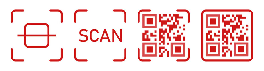 Barcode scanner icon. Barcode scanner icon symbol set in red color isolated on a white background. Qr code sign symbol. Scan code sign product reader icons. Qr code for payment. Vector illustration.
