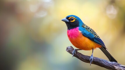 Close-up of a vibrant bird perched on a branch against a blurred background