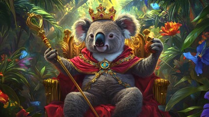 A koala wearing a crown and royal robes sits on a throne in a jungle setting.