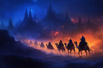 Naklejka premium A group of camels with people riding them travel, AI GENERATED