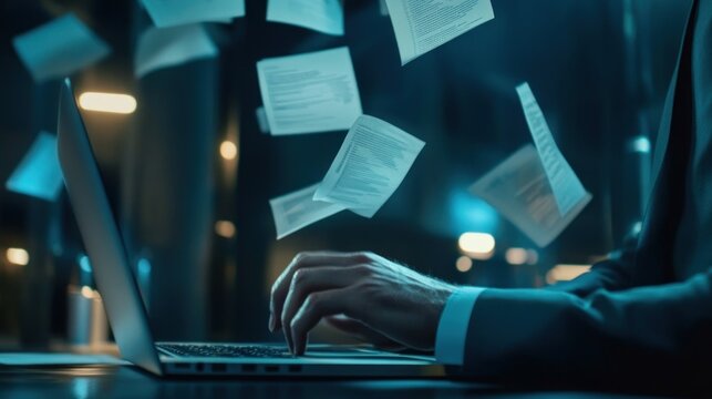 Mysterious Night Office with Floating Papers and Laptop, Bathed in Blue Light