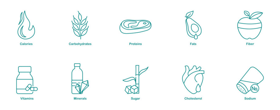nutation icon set vitamins, mineral, protein, fiber, calories, cholesterol and sodium 