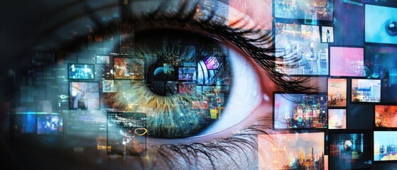 An eye reflecting a collage of digital screens, symbolizing information overload and technology.