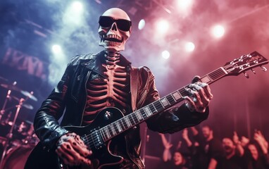 Obraz premium A skeleton on stage, rocking out with an electric guitar, surrounded by stage lights and speakers.